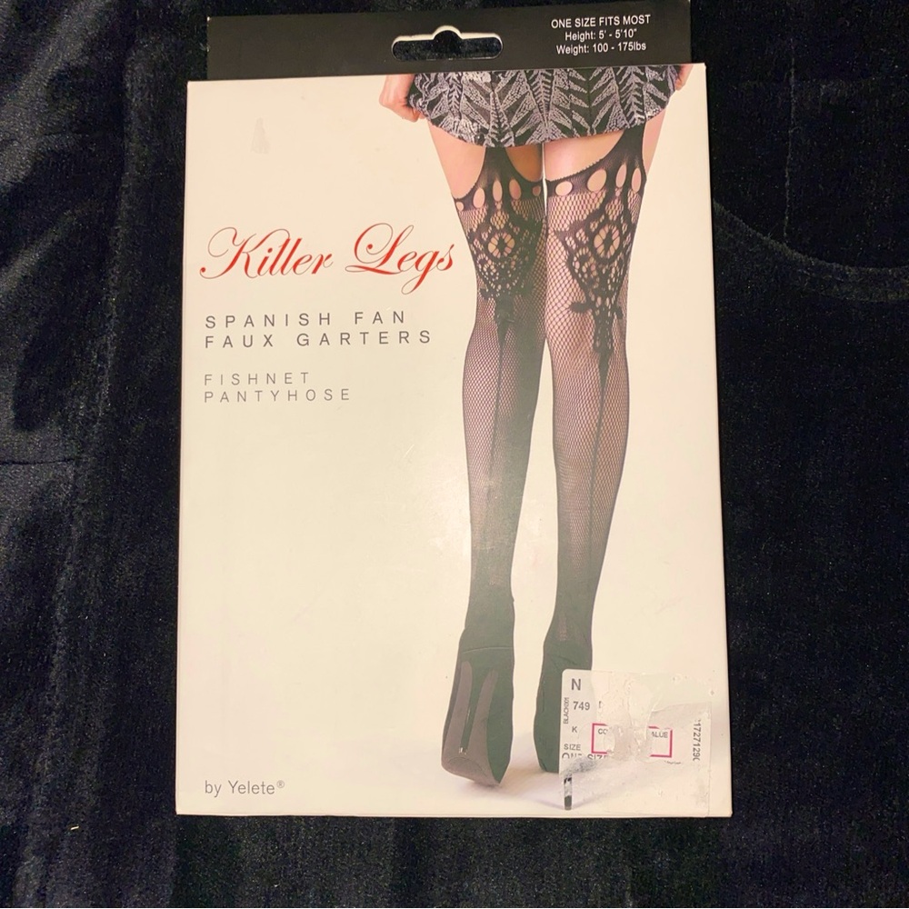 Killer Legs Exotic Pantyhose (Spanish Fan Faux Garters) One Size Fits Most Black